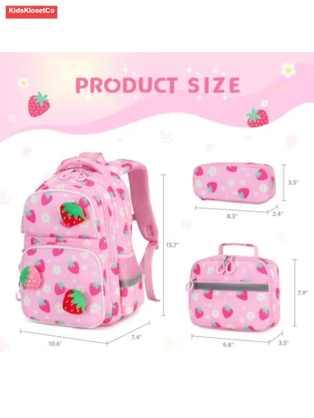 3D Plush Strawberry Backpack Set with Lunch Box & Pencil Case for Girls School